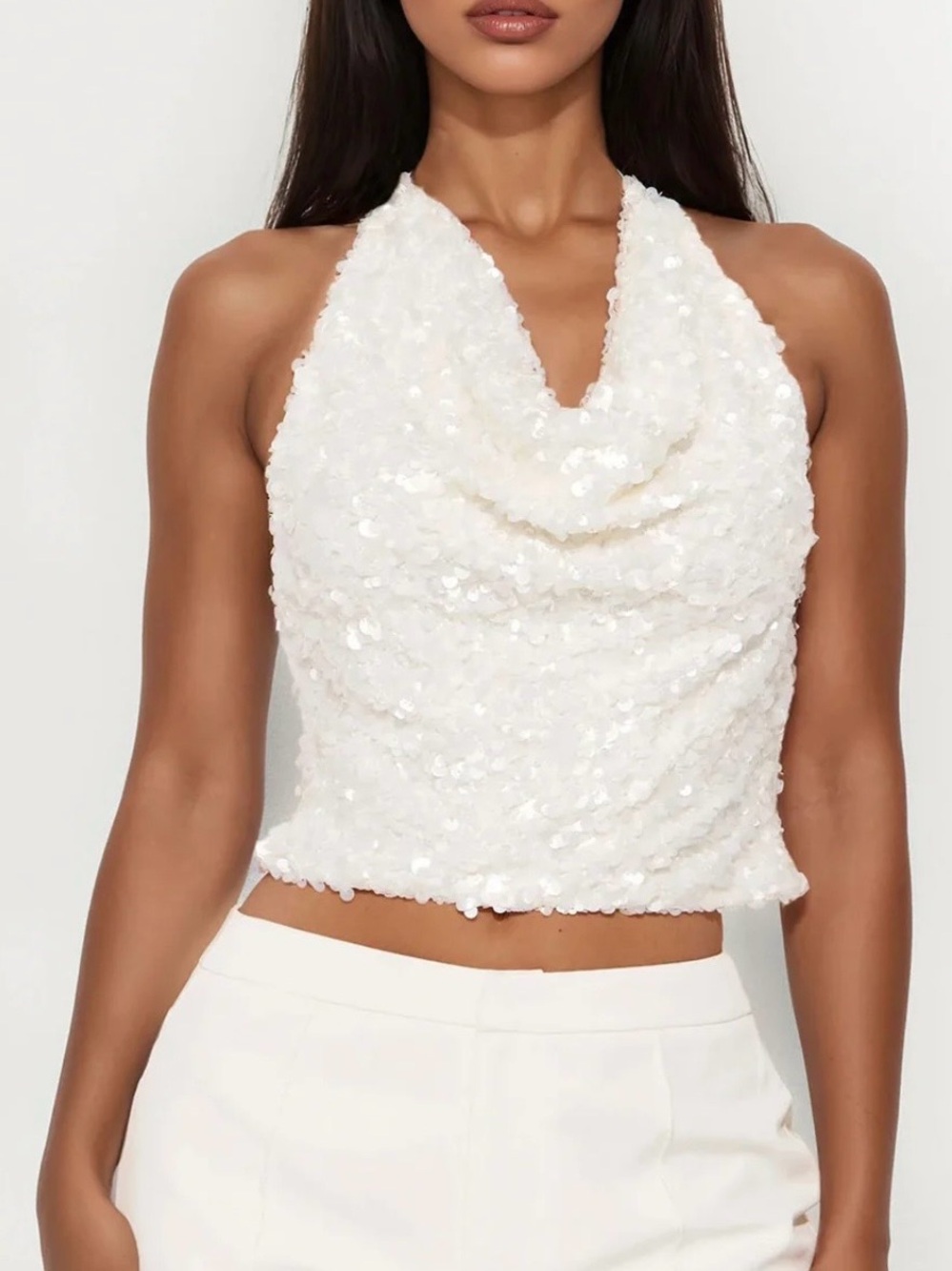 Fashion Nova Sequin Halter Cowl Neck Crop Top
